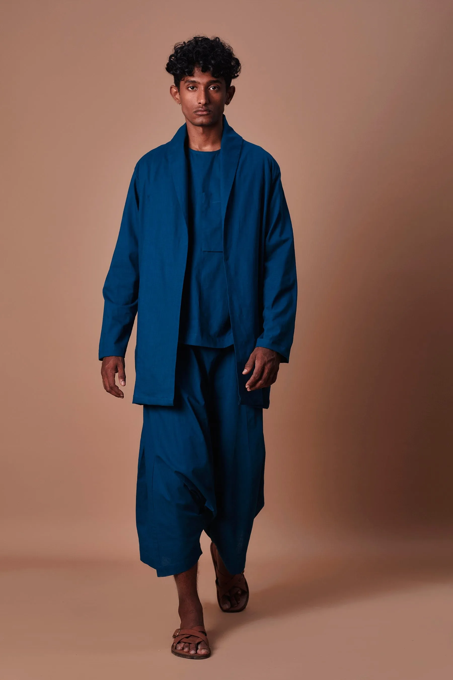 Mati Teal Blue Cross Pocket Top, Jacket & Harem Pant Set (3 PCS)