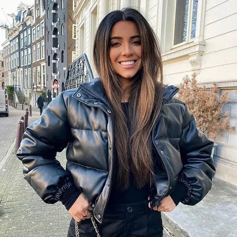 New Leather Puffer Cropped Jacket Warm Stand Collar Short Coat Y2K Cotton padded Jacket Women