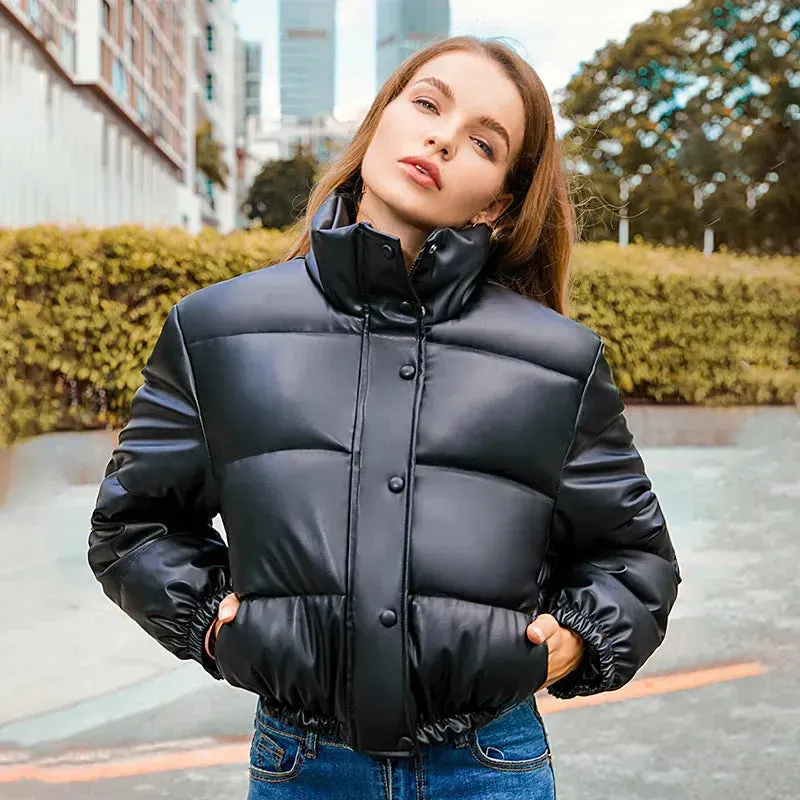 New Leather Puffer Cropped Jacket Warm Stand Collar Short Coat Y2K Cotton padded Jacket Women