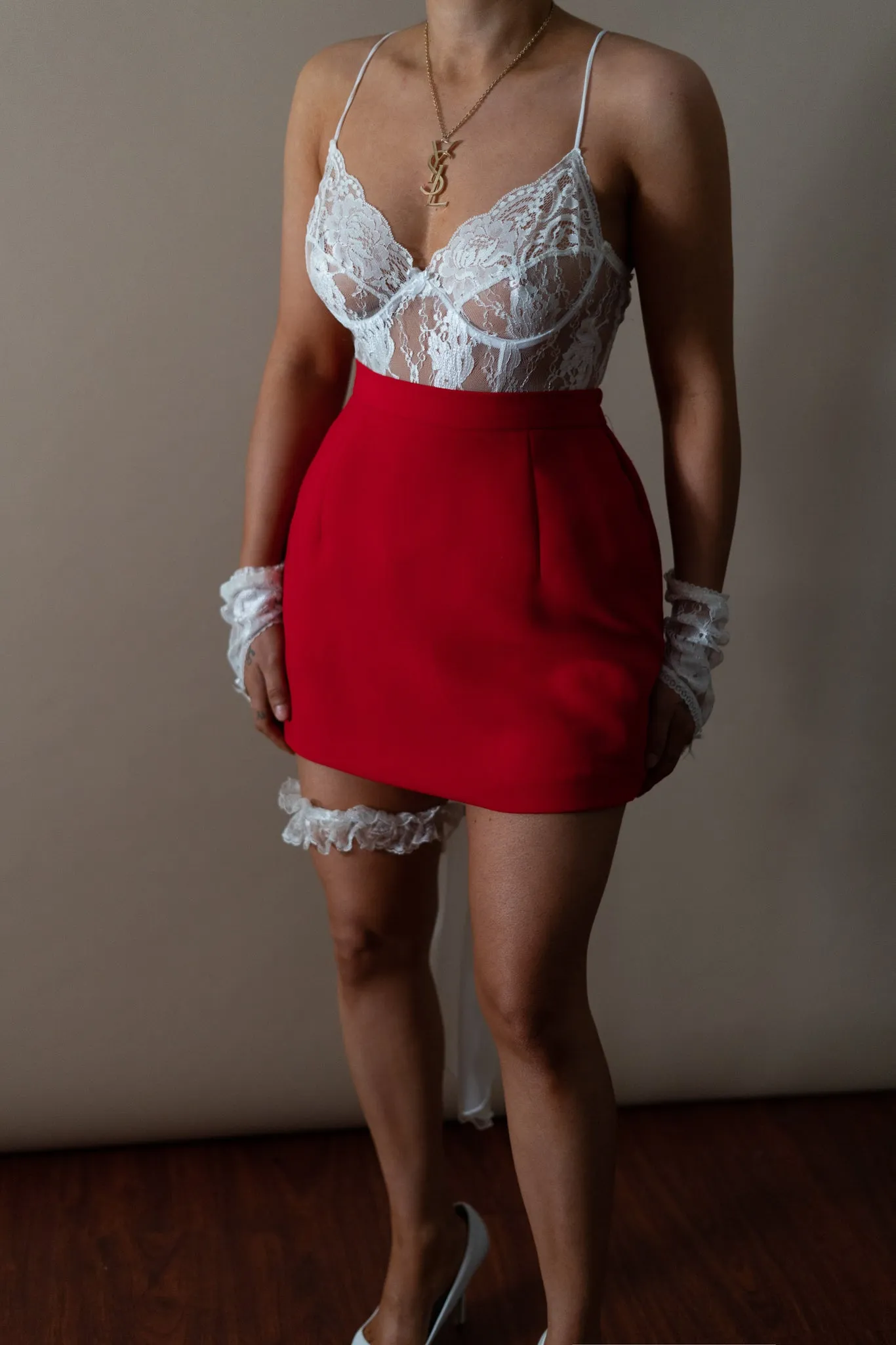 Red & White Blazer Skirt Suit