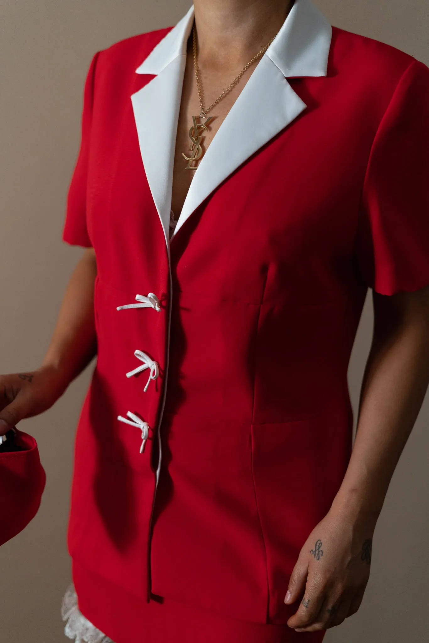 Red & White Blazer Skirt Suit