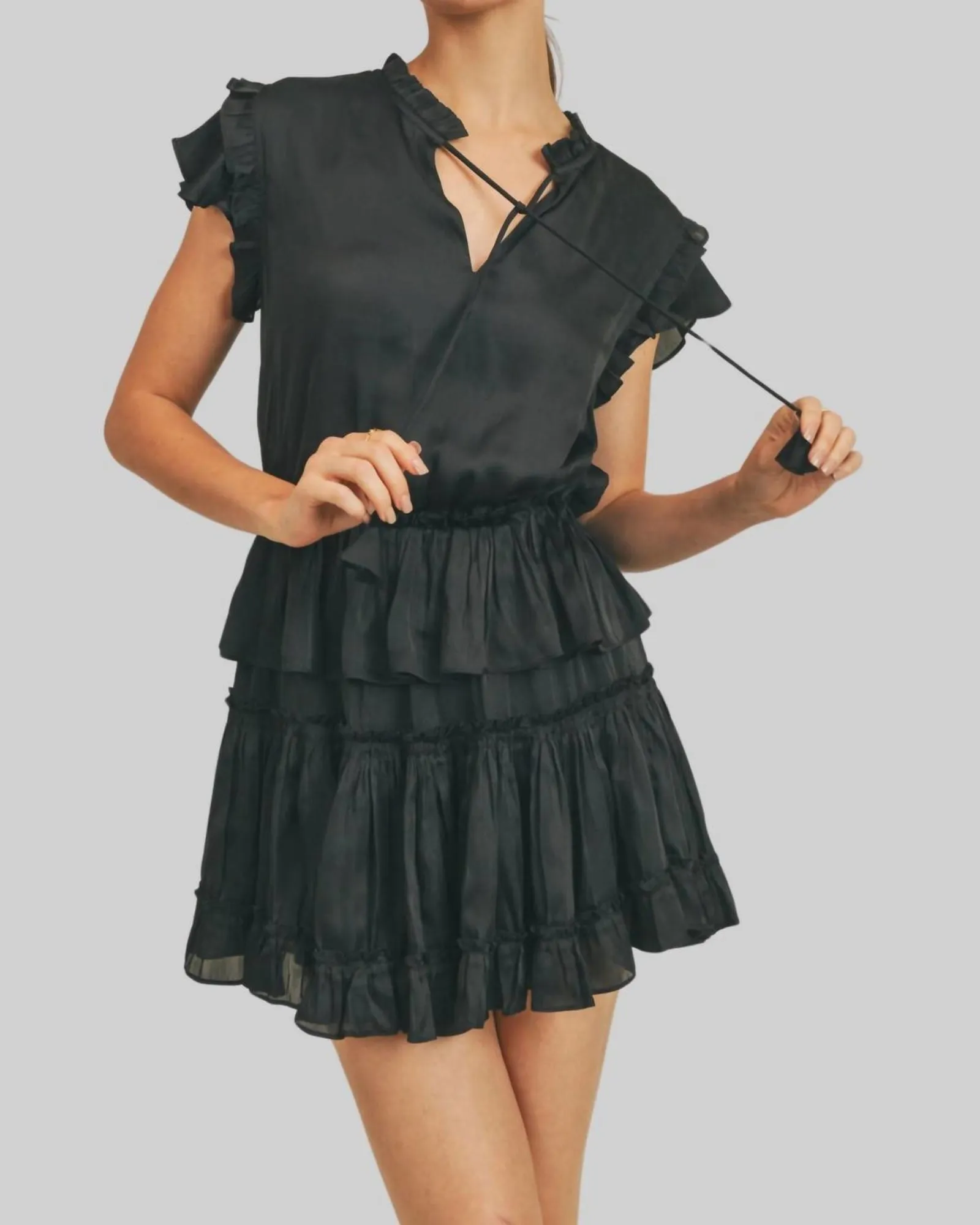 Short Sleeve Ruffle Dress In Black | Black
