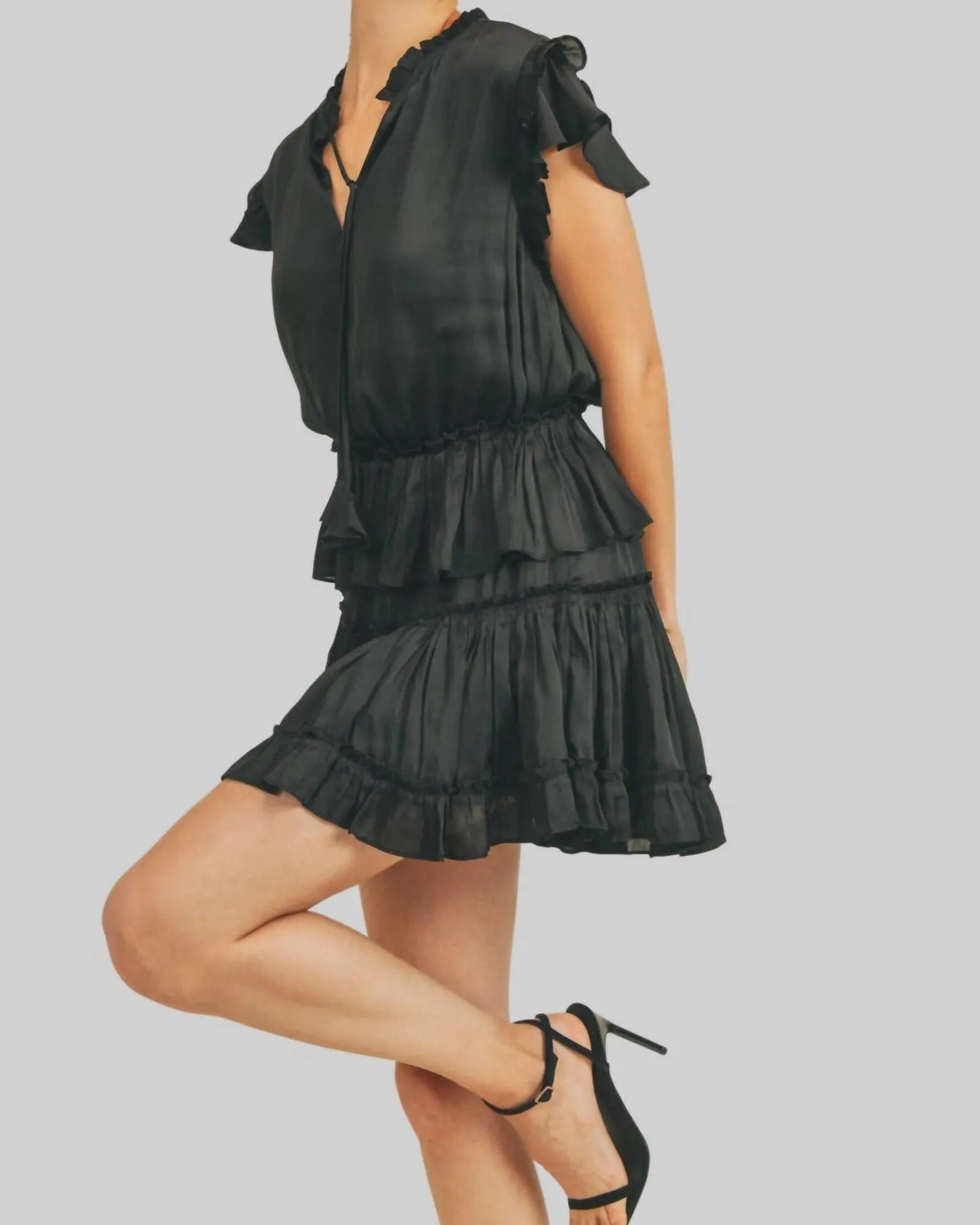 Short Sleeve Ruffle Dress In Black | Black