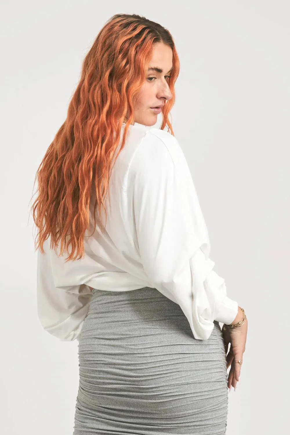 Soft To Touch Batwing Cinched Sleeve Sweater - White