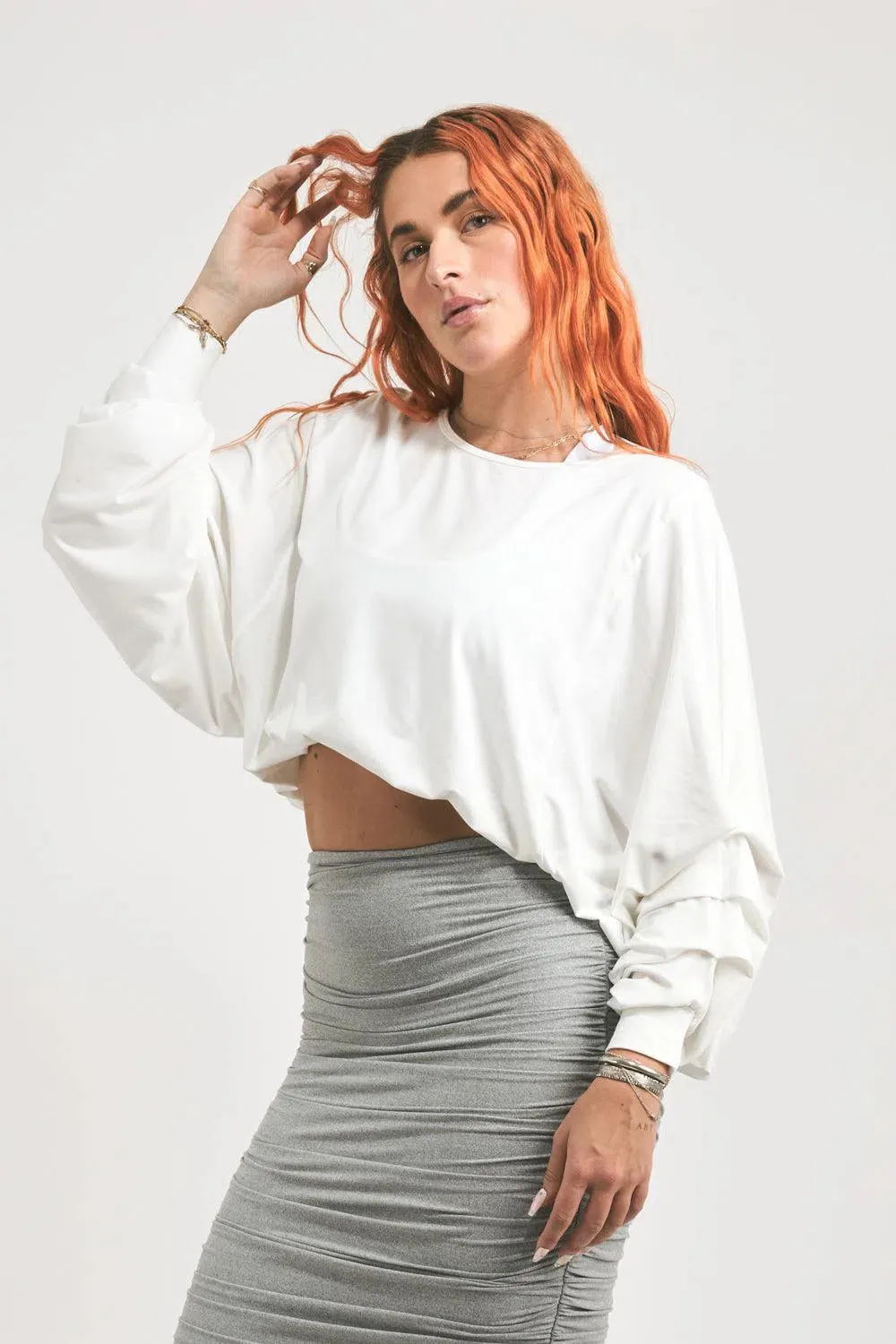 Soft To Touch Batwing Cinched Sleeve Sweater - White