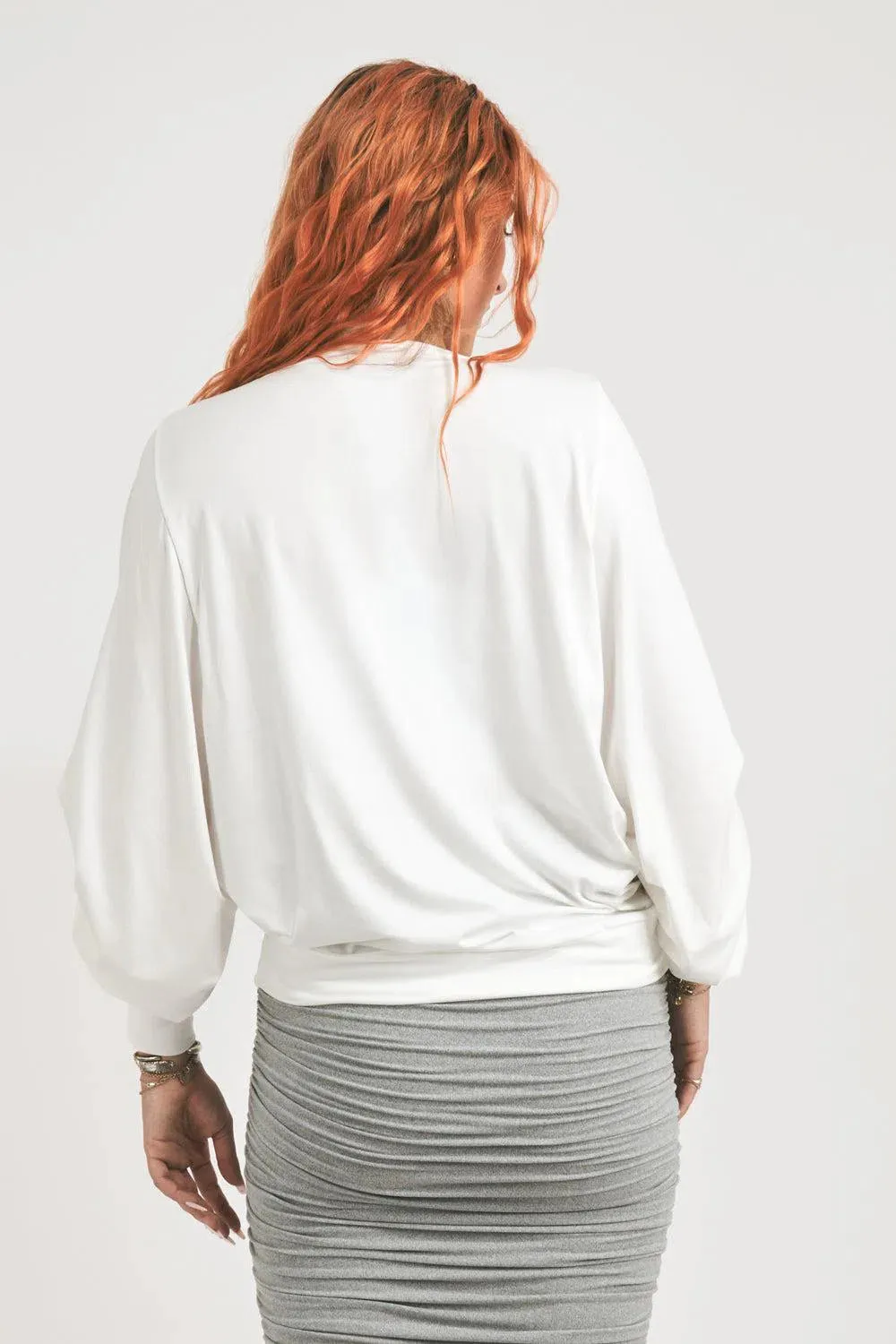 Soft To Touch Batwing Cinched Sleeve Sweater - White