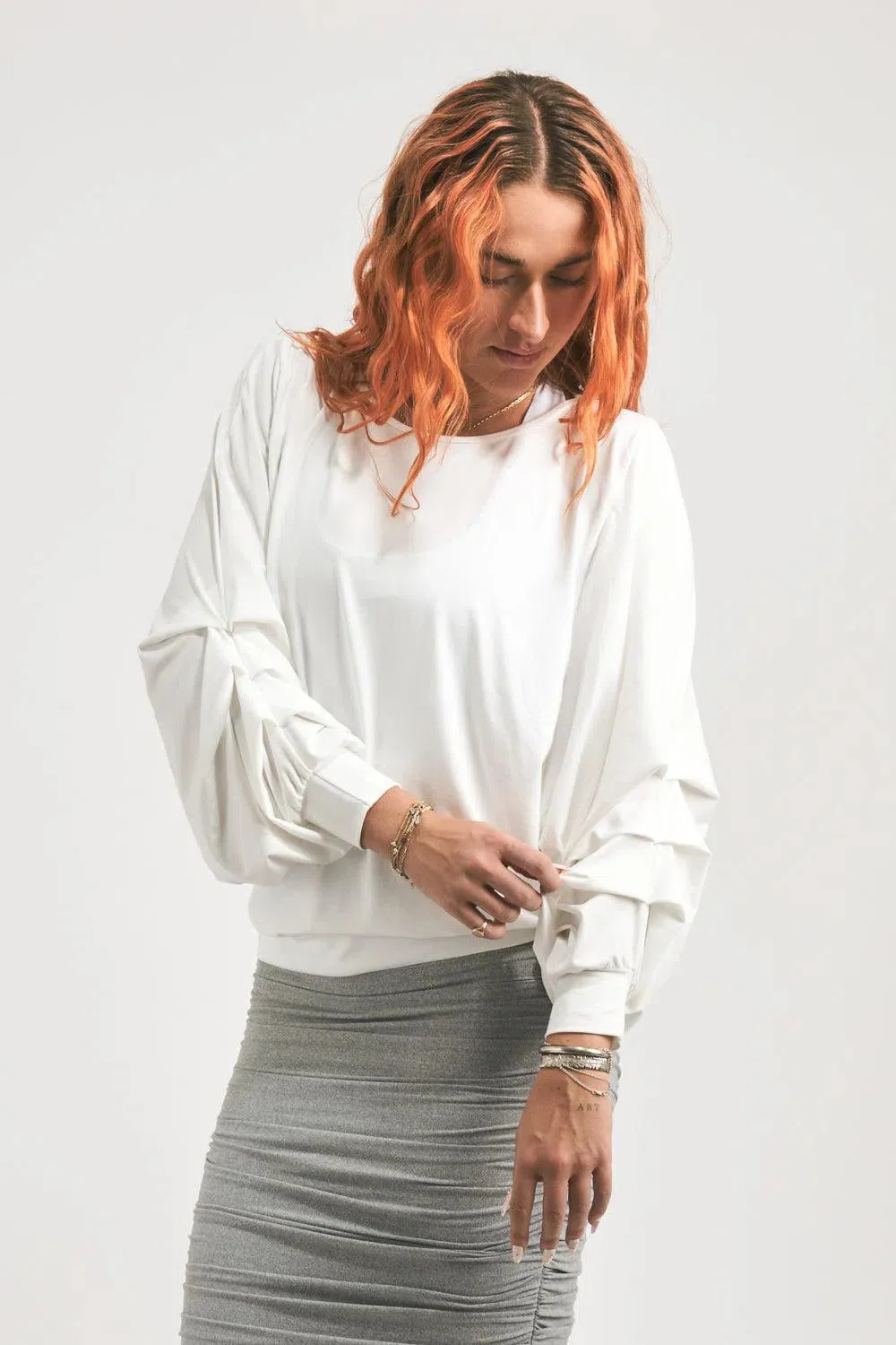Soft To Touch Batwing Cinched Sleeve Sweater - White