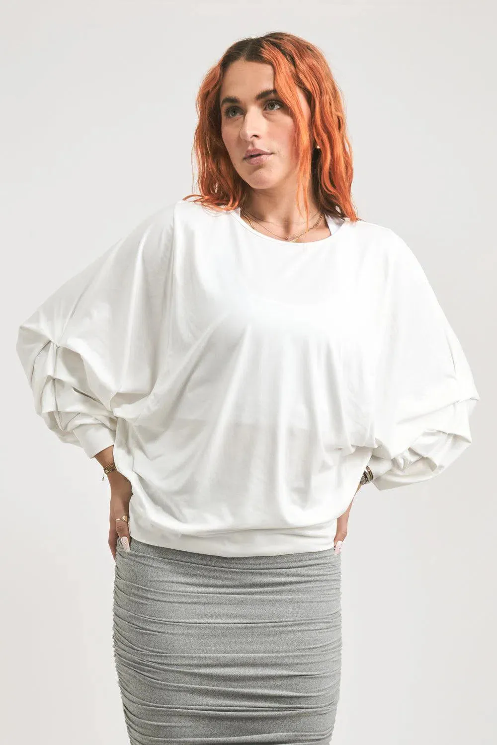 Soft To Touch Batwing Cinched Sleeve Sweater - White