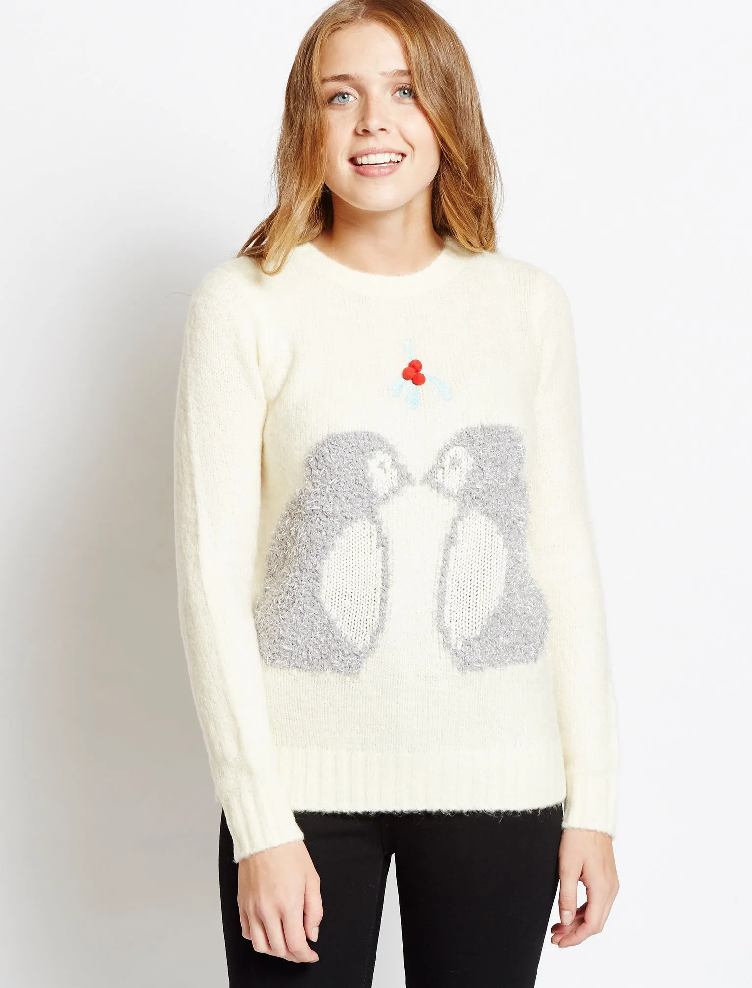 Womens Merry Christmas Mistletoe Penguins red jumper